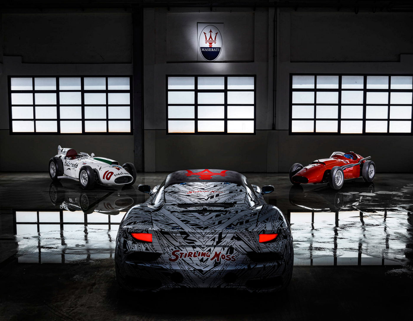 Maserati MC20 dedicated to Sir Stirling Moss, rear view - Maserati classic cars (Maserati Eldorado and Maserati 250F), front view.